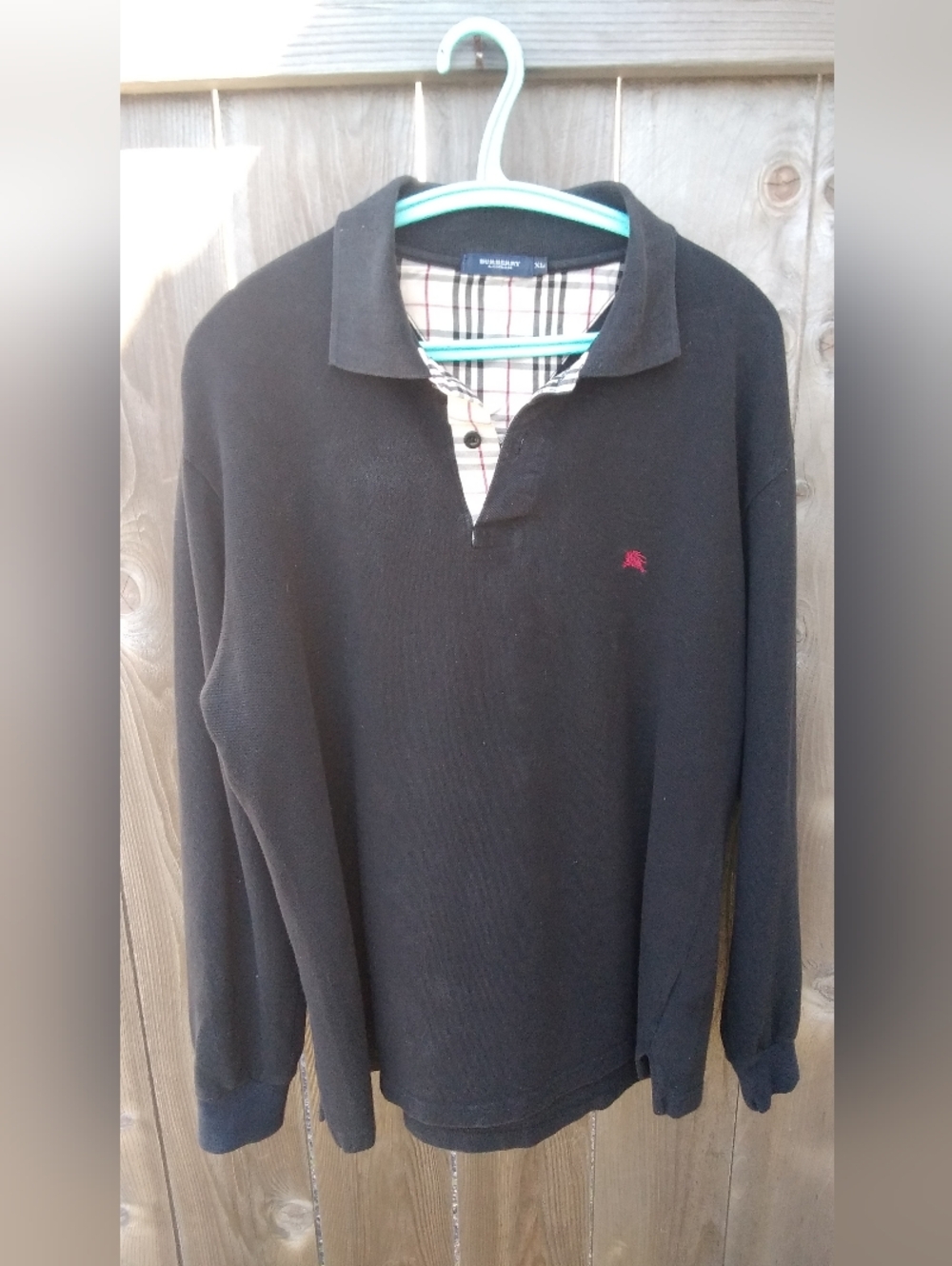Vintage Burberry Black Long Sleeve Polo Check Collar Mens Large Shirt Top